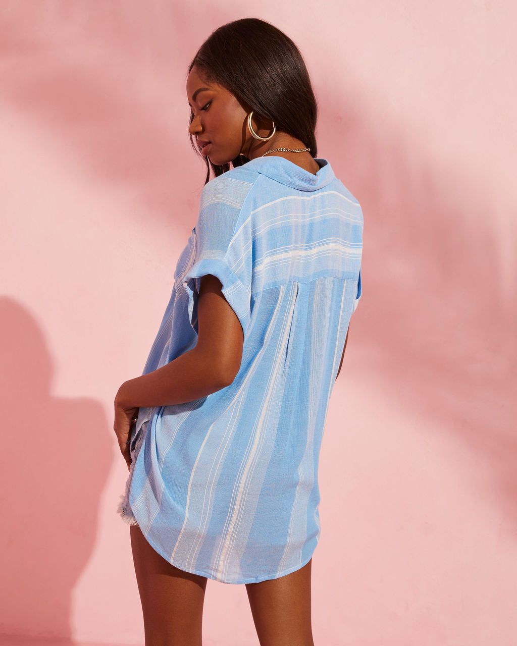 Tandi Striped Short Sleeve Button Down Top - Blue/White - FINAL SALE sold by Vici product image thumbnail 2