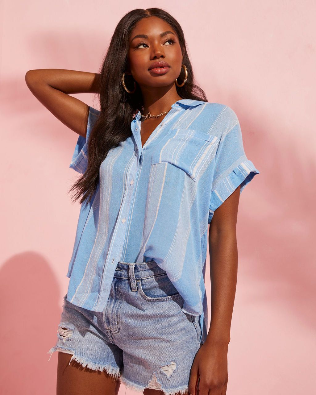 Tandi Striped Short Sleeve Button Down Top - Blue/White - FINAL SALE sold by Vici product image thumbnail 7