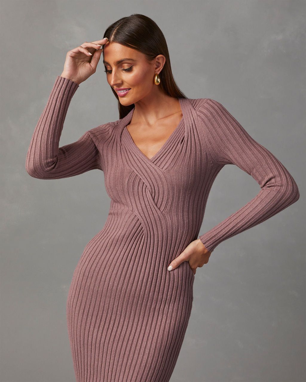 My Sweet Time V-Neck Midi Sweater Dress - Taupe - SALE sold by Vici product image thumbnail 2