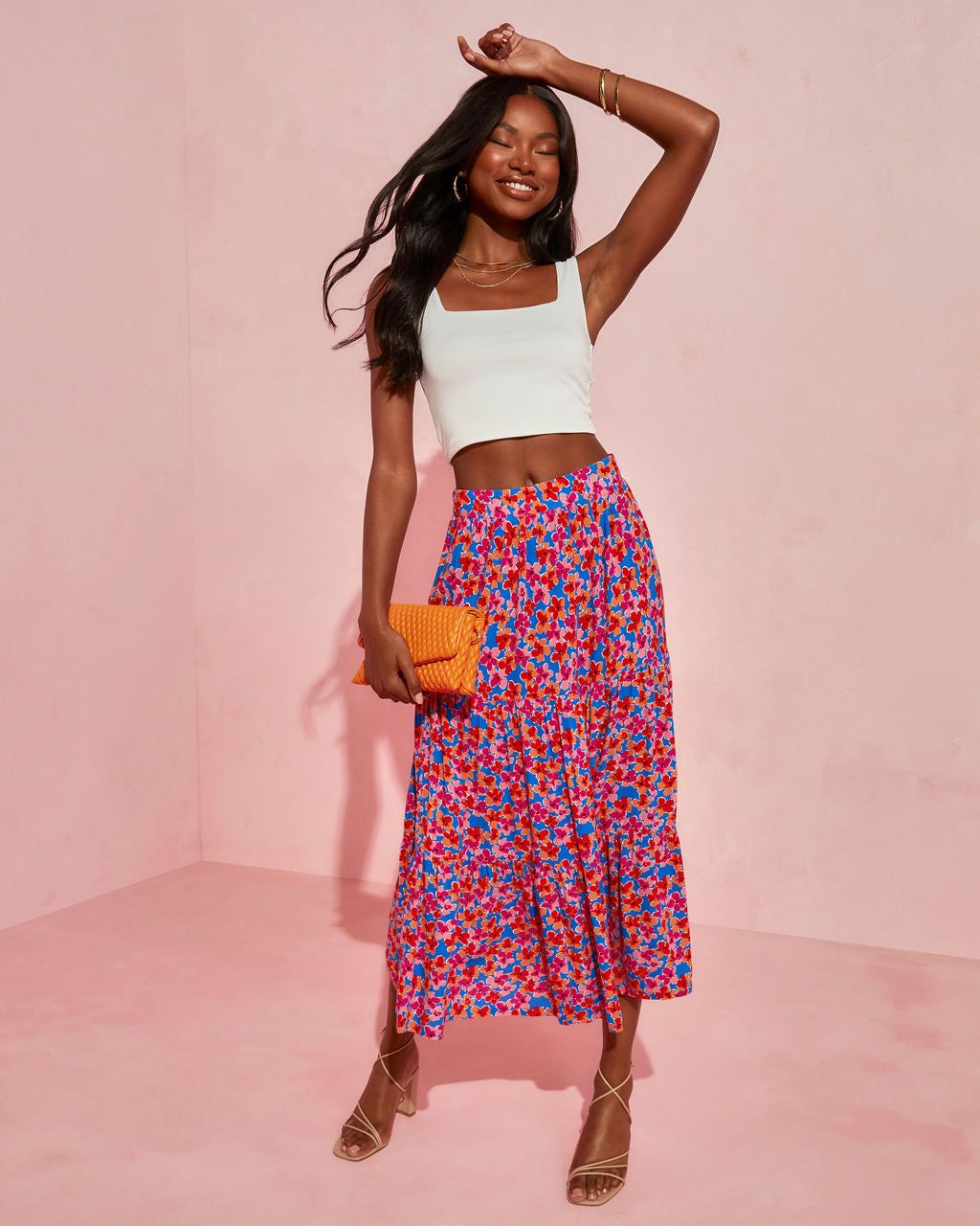 Blooming Poppy Tiered Midi Skirt sold by Vici