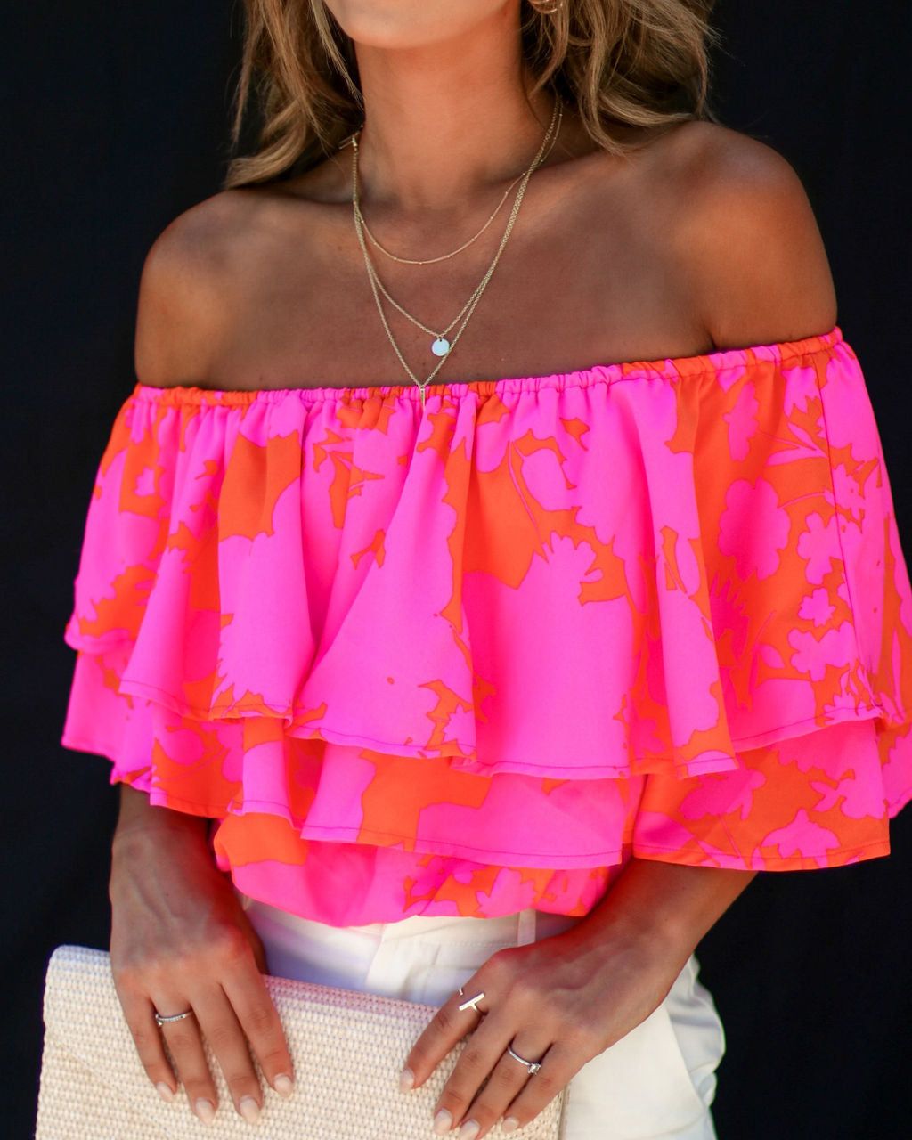 Botanical Paradise Floral Off The Shoulder Ruffle Top - Pink/Orange - FINAL SALE sold by Vici product image thumbnail 3