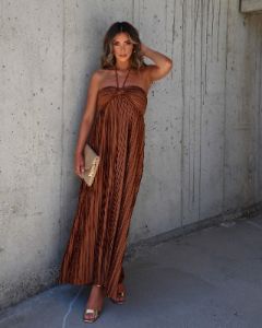 Raise A Toast Satin Plisse Halter Maxi Dress - Brown sold by Vici