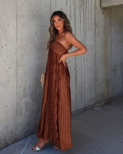 Raise A Toast Satin Plisse Halter Maxi Dress - Brown sold by Vici