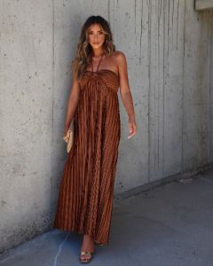 Raise A Toast Satin Plisse Halter Maxi Dress - Brown sold by Vici