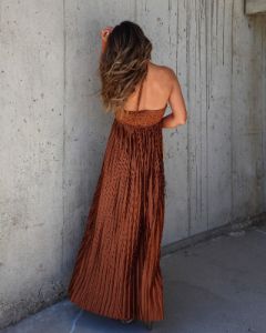 Raise A Toast Satin Plisse Halter Maxi Dress - Brown sold by Vici