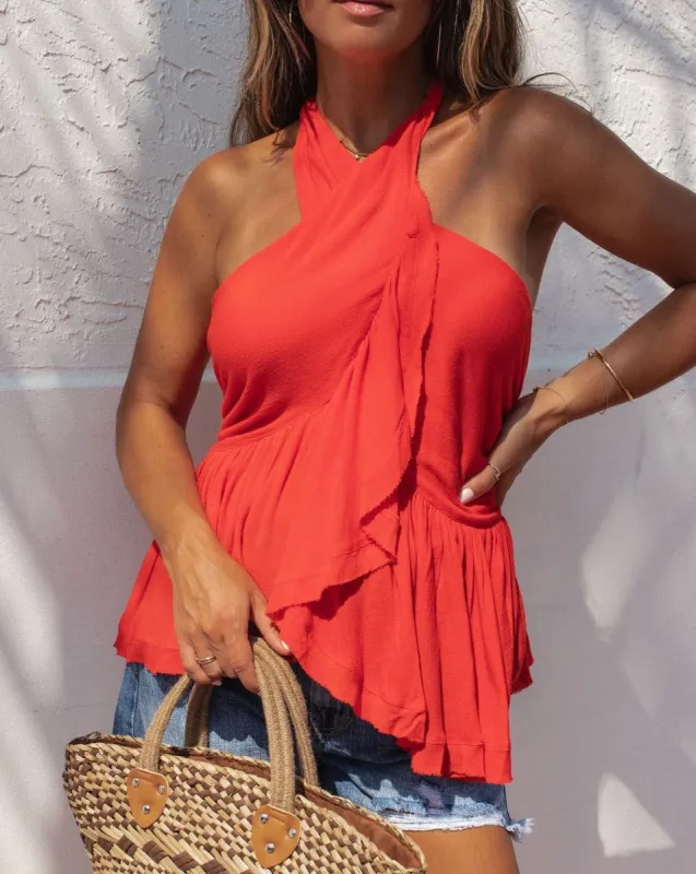 Hola Bonita Ruffle Halter Top sold by Vici