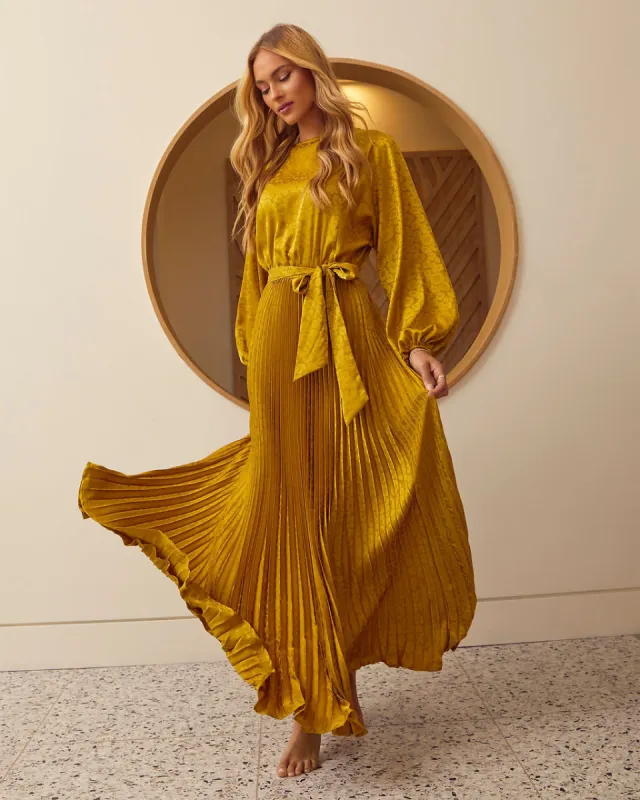 Fairytale Satin Pleated Tie Waist Maxi Dress sold by Vici