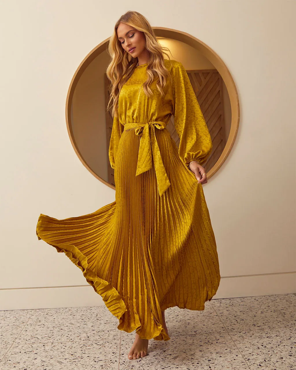 Fairytale Satin Pleated Tie Waist Maxi Dress sold by Vici