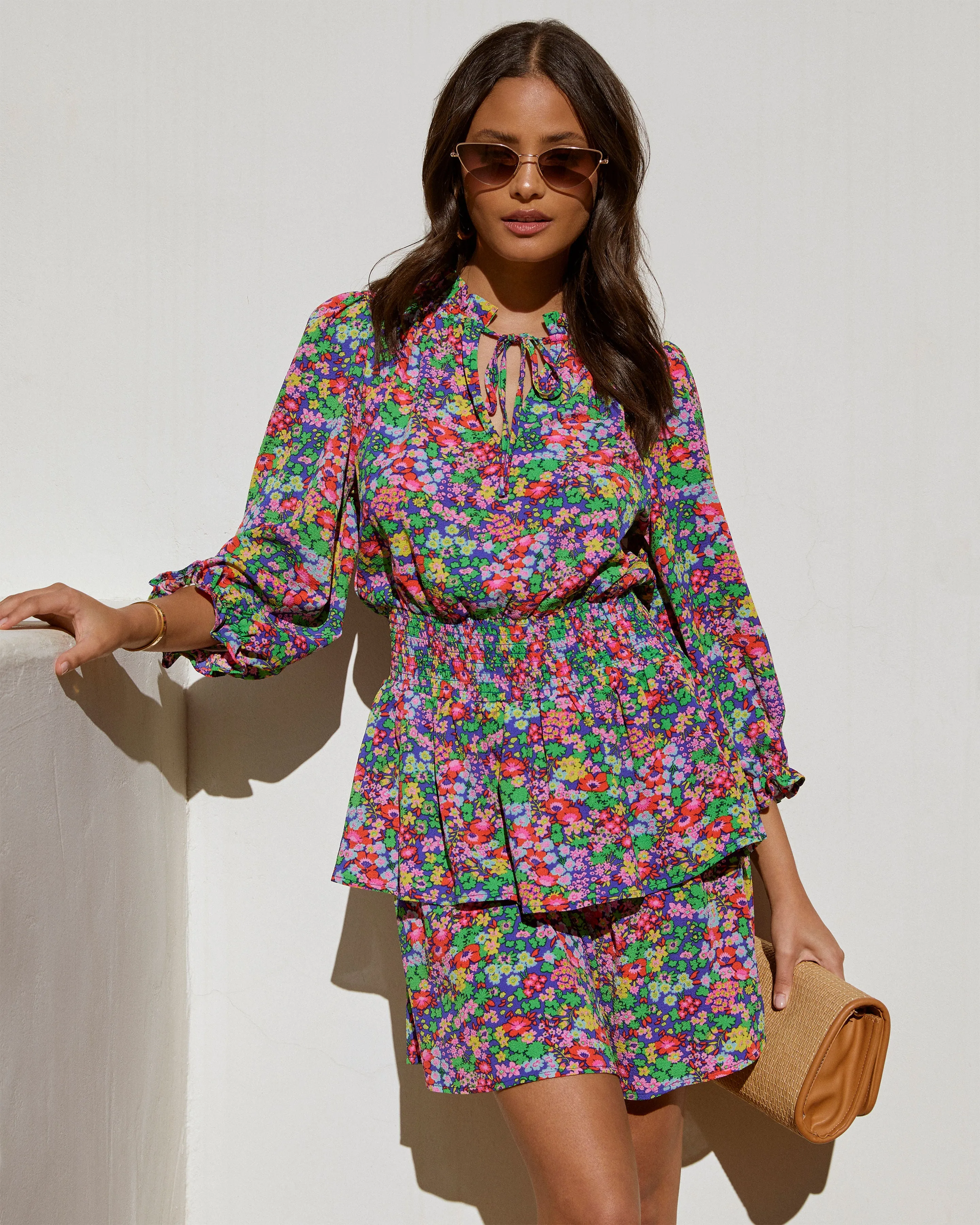 Fatima Floral Tiered Mini Dress sold by Vici