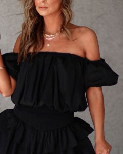 Celine Cotton Bubble Hem Off The Shoulder Top sold by Vici