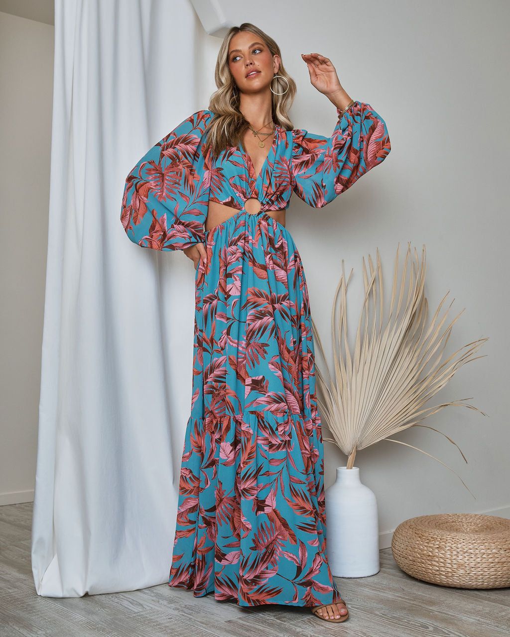 Romance In The Tropics Printed Cutout Maxi Dress sold by Vici