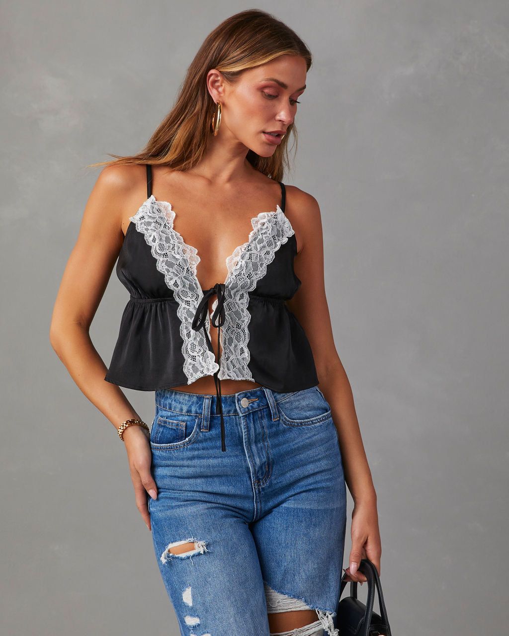 Liddell Satin Sleeveless Tie Front Top - Black sold by Vici product image thumbnail 3