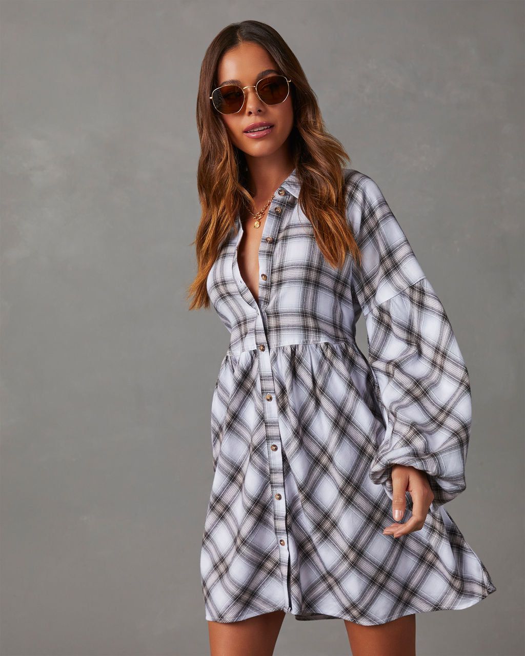 Oakleigh Plaid Button Front Mini Dress sold by Vici product image thumbnail 5