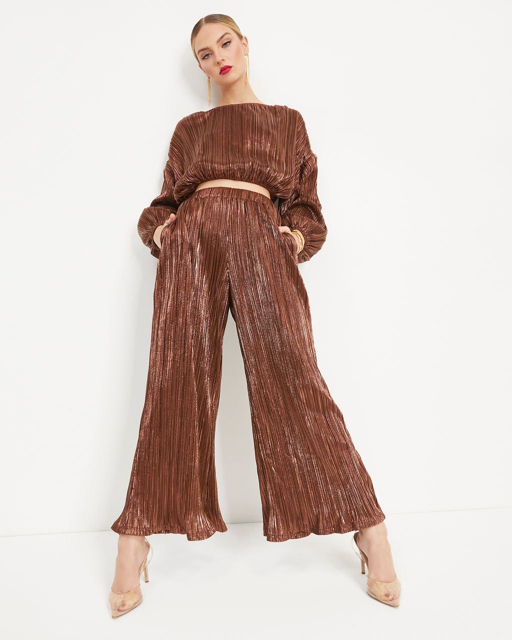 Kiyara Billowed Shimmer Plisse Top sold by Vici