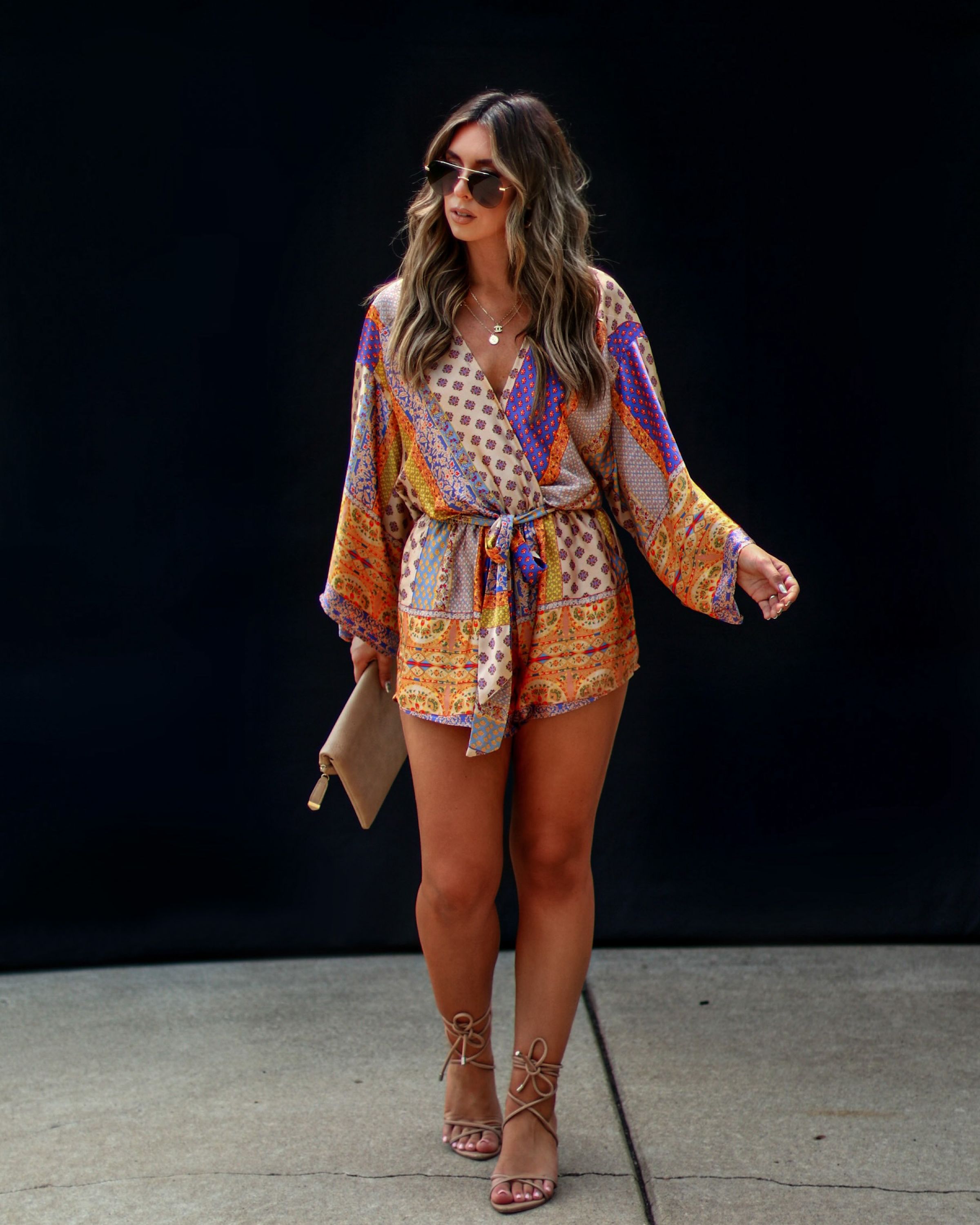 Palm Canyon Satin Tie Waist Romper - Multi sold by Vici product image thumbnail 2