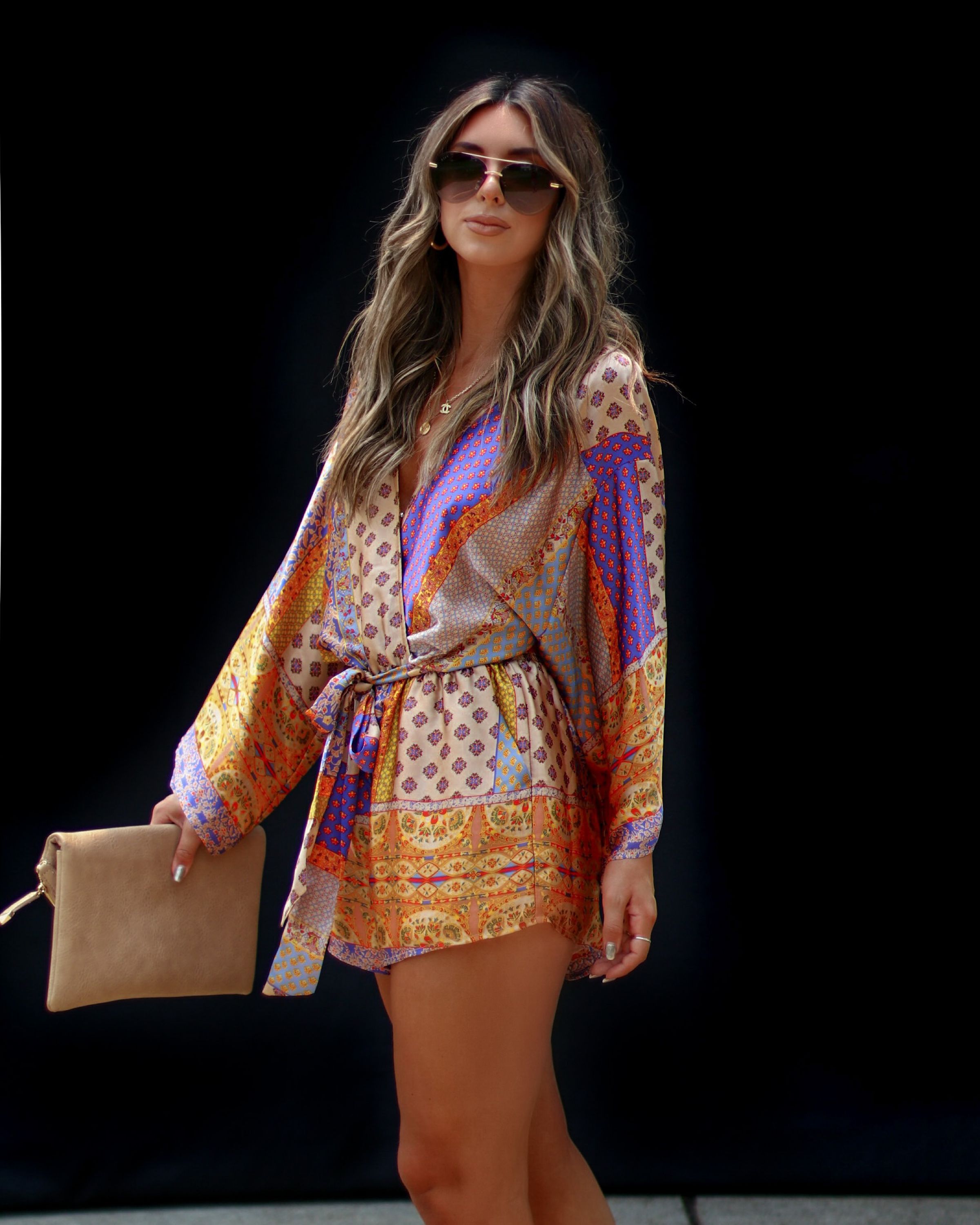 Palm Canyon Satin Tie Waist Romper - Multi sold by Vici product image thumbnail 3