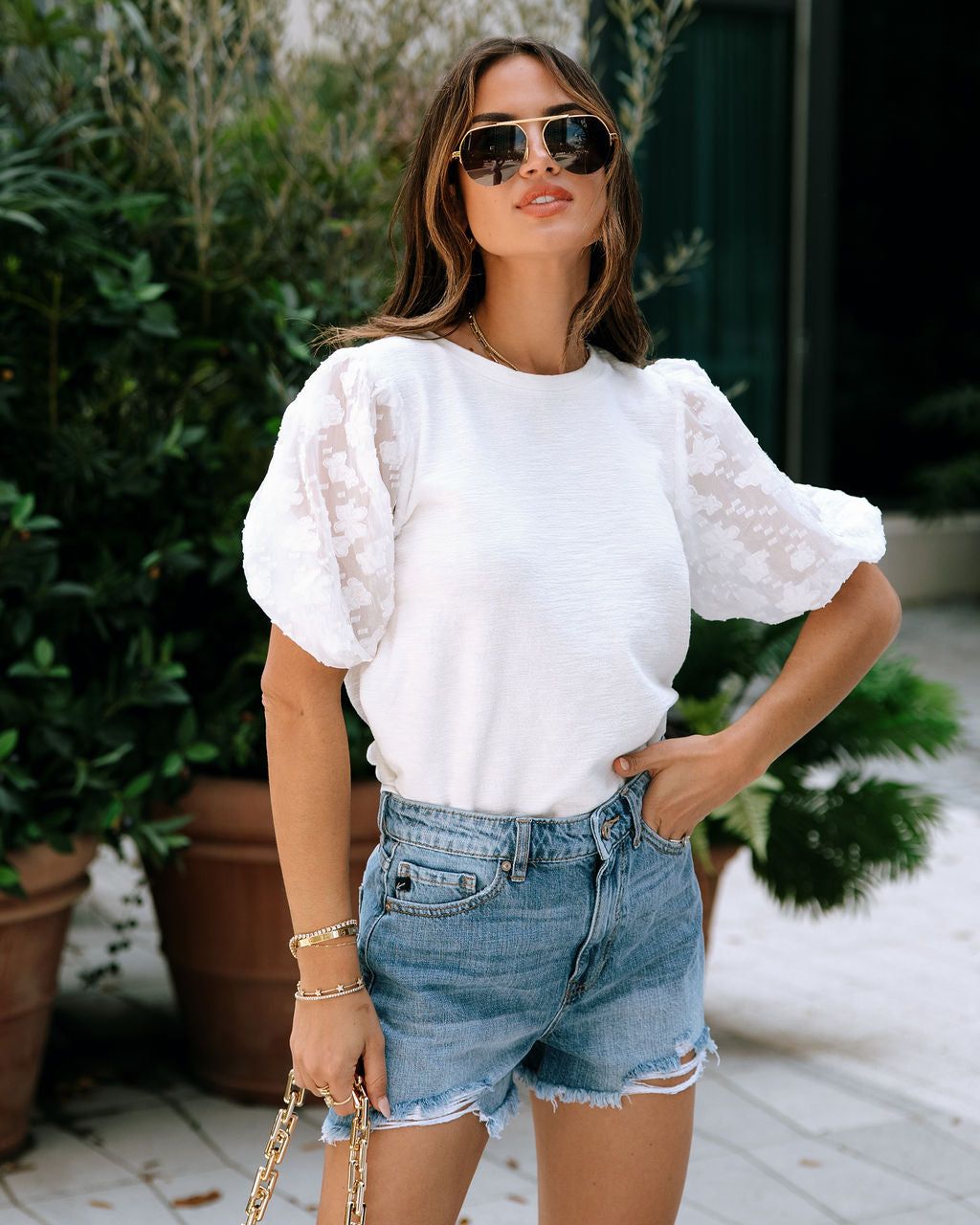 Marisela Cotton Blend Floral Organza Puff Sleeve Top - White - FINAL SALE sold by Vici