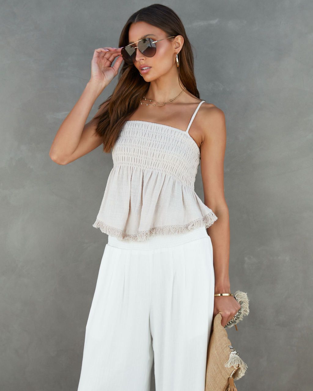 Haley Cotton Smocked Frayed Hem Babydoll Top - Beige - FINAL SALE sold by Vici product image thumbnail 4