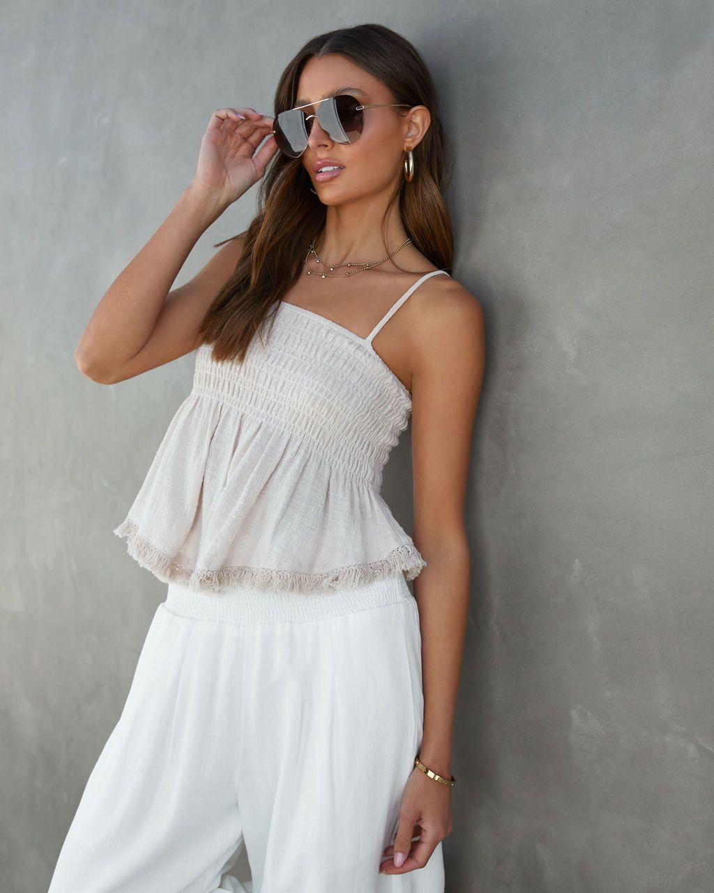 Haley Cotton Smocked Frayed Hem Babydoll Top - Beige - FINAL SALE sold by Vici