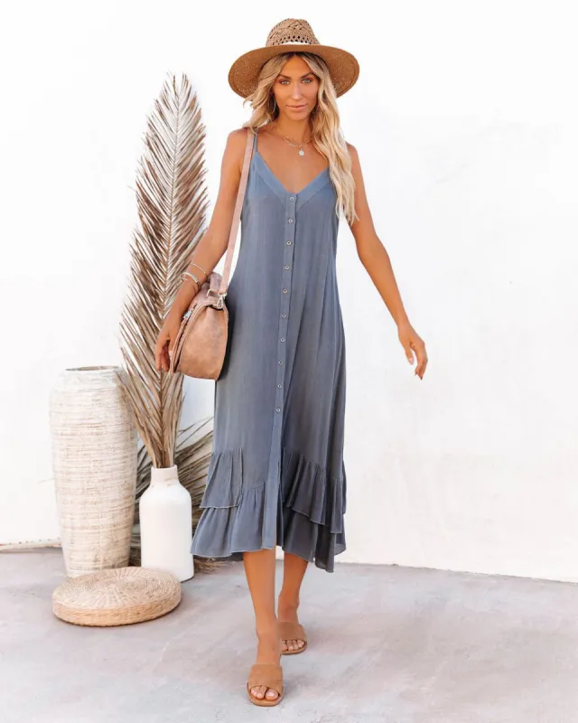 Clarna Button Down Ruffle Midi Dress - Slate Blue - FINAL SALE sold by Vici