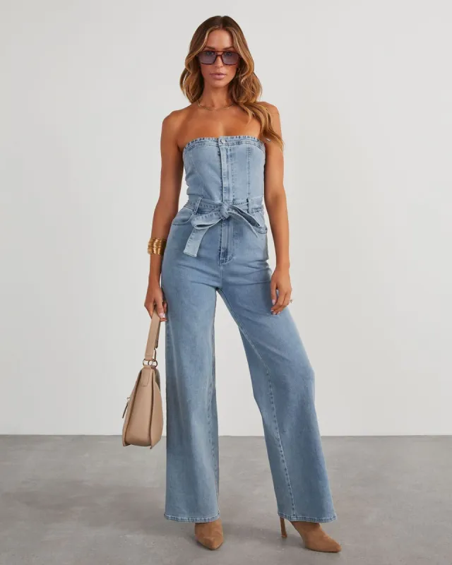 Lilith Denim Strapless Tie Waist Jumpsuit - Denim sold by Vici