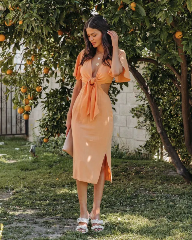 Jenner Linen Blend Tie Front Cutout Midi Dress - Orange - FINAL SALE sold by Vici
