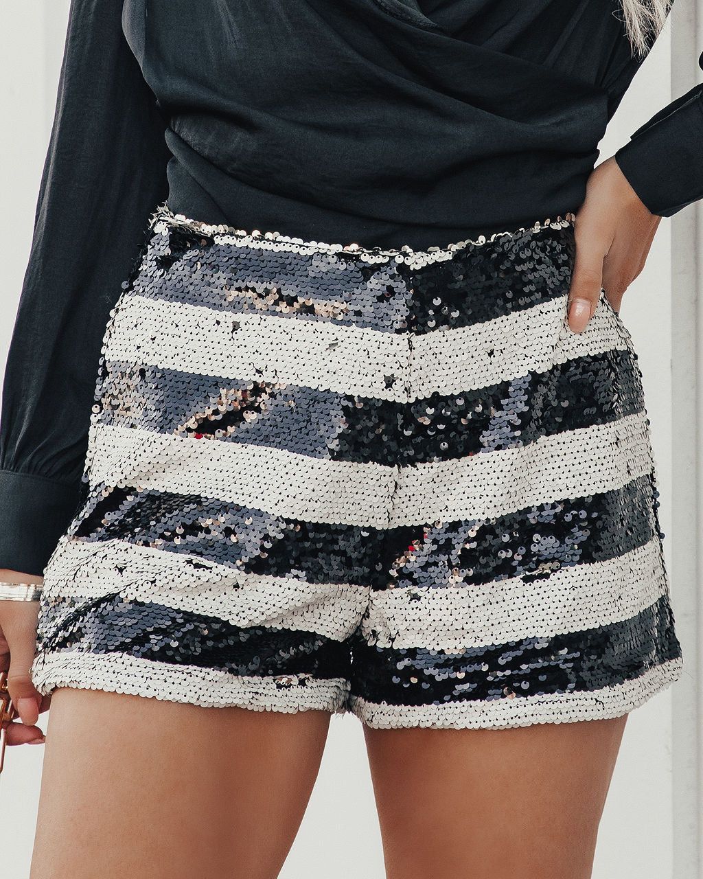 Benja High Rise Striped Sequin Shorts sold by Vici product image thumbnail 9