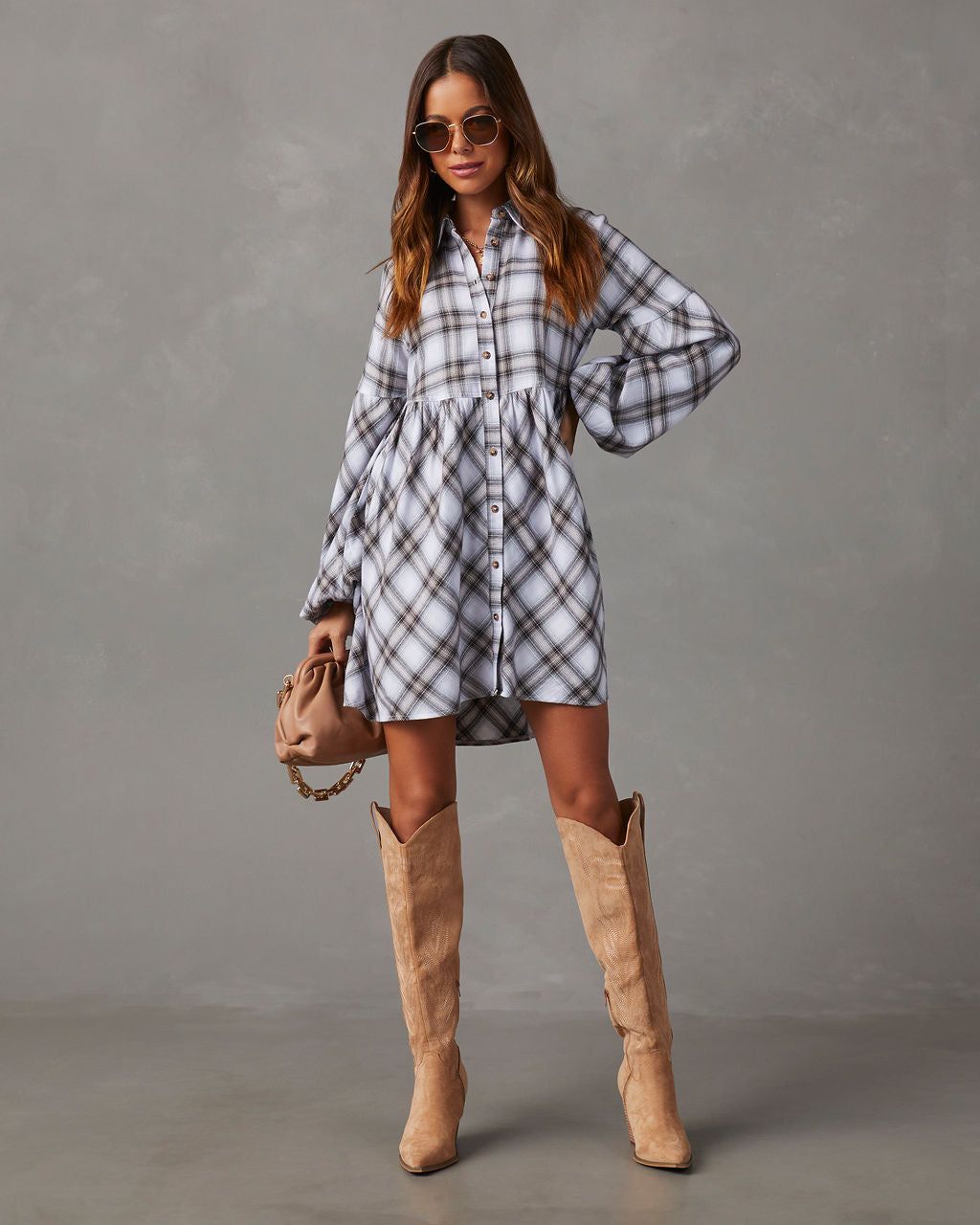 Oakleigh Plaid Button Front Mini Dress - Ivory sold by Vici product image thumbnail 4