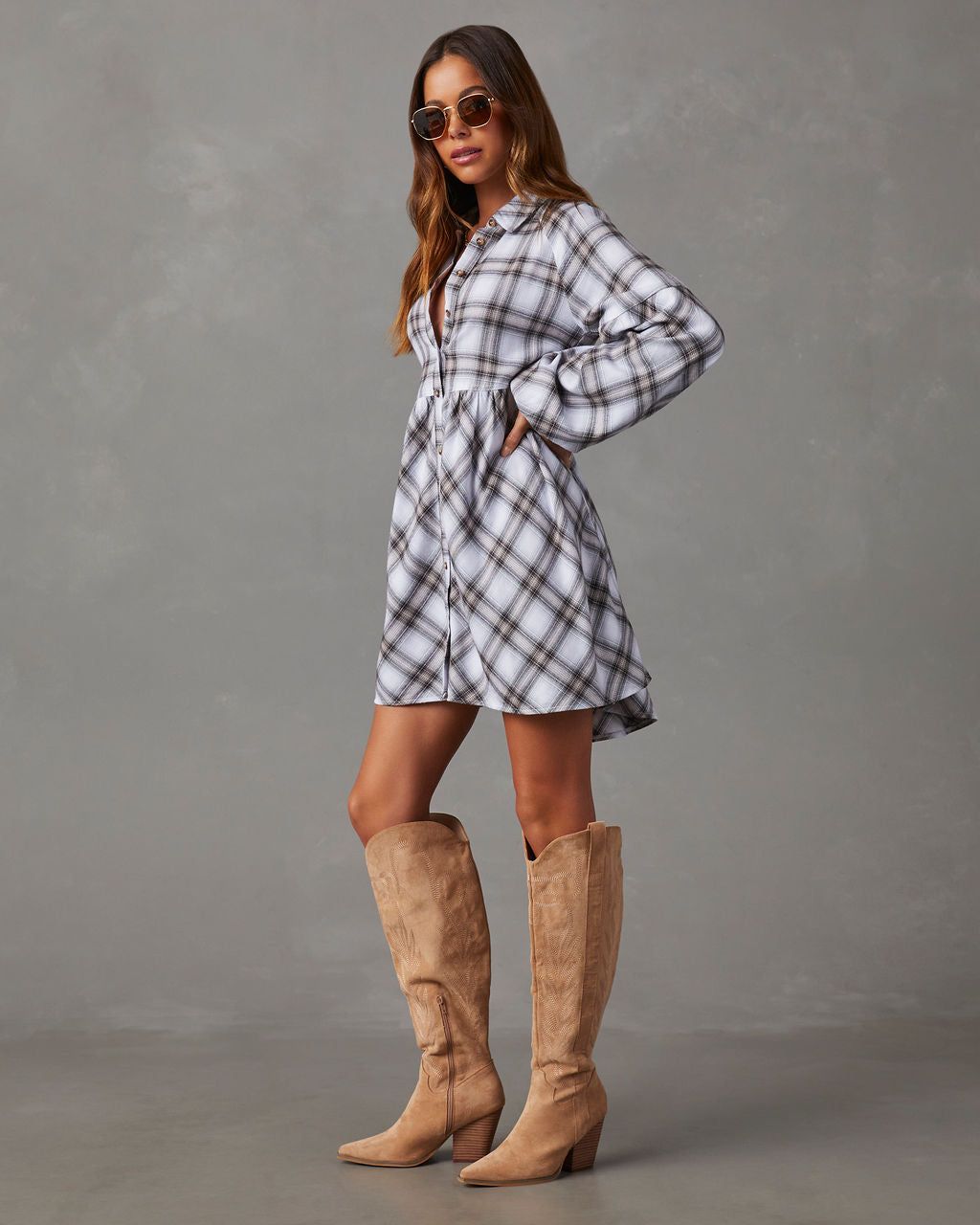 Oakleigh Plaid Button Front Mini Dress - Ivory sold by Vici product image thumbnail 3