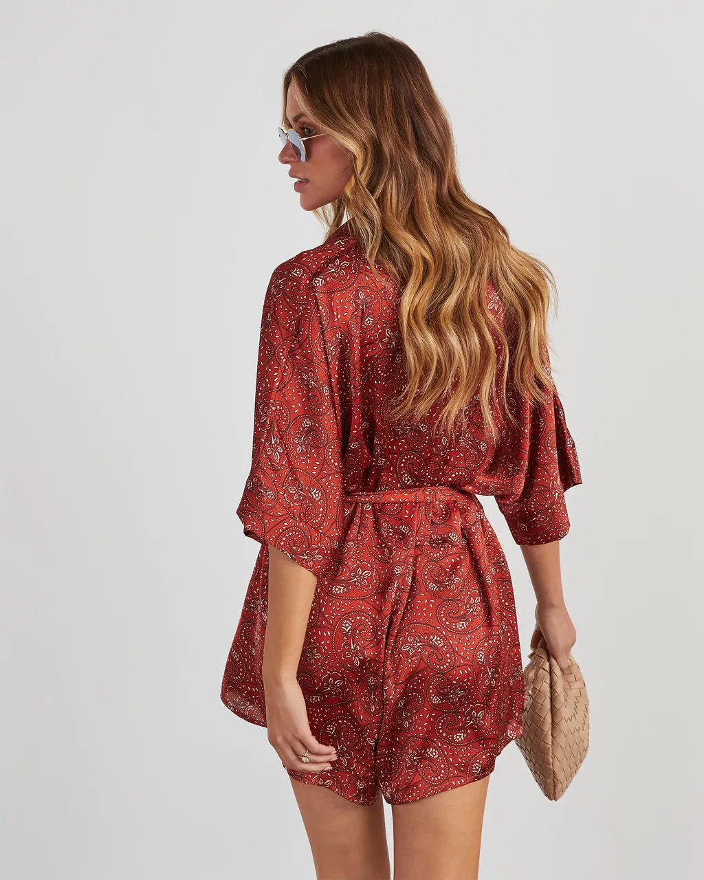 Rosado Satin Tie Waist Paisley Romper sold by Vici product image thumbnail 4
