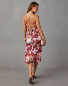 Stole My Heart Satin Floral Midi Dress - Red - SALE sold by Vici
