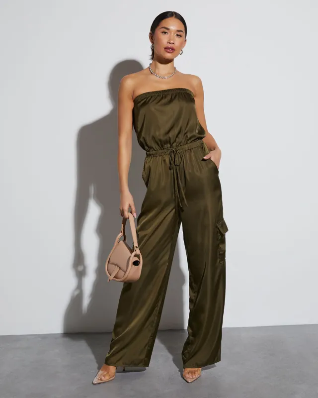 Parisa Strapless Satin Tie Waist Jumpsuit sold by Vici
