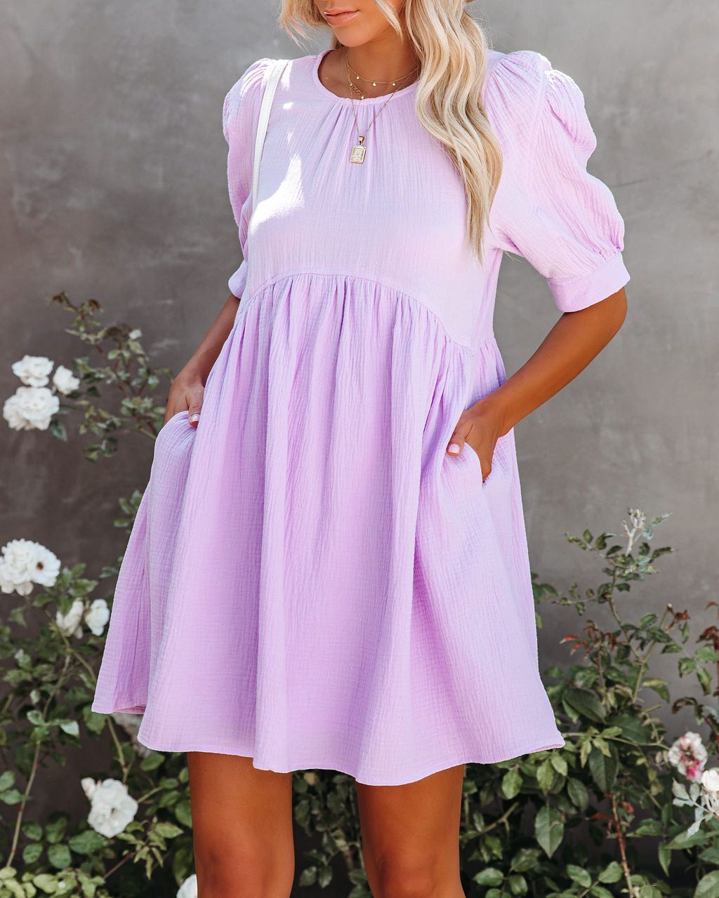 Amber Cotton Pocketed Puff Sleeve Dress - Lavender - FINAL SALE sold by Vici product image thumbnail 3