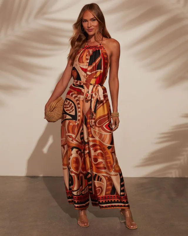 Holtz Satin Printed Halter Jumpsuit sold by Vici