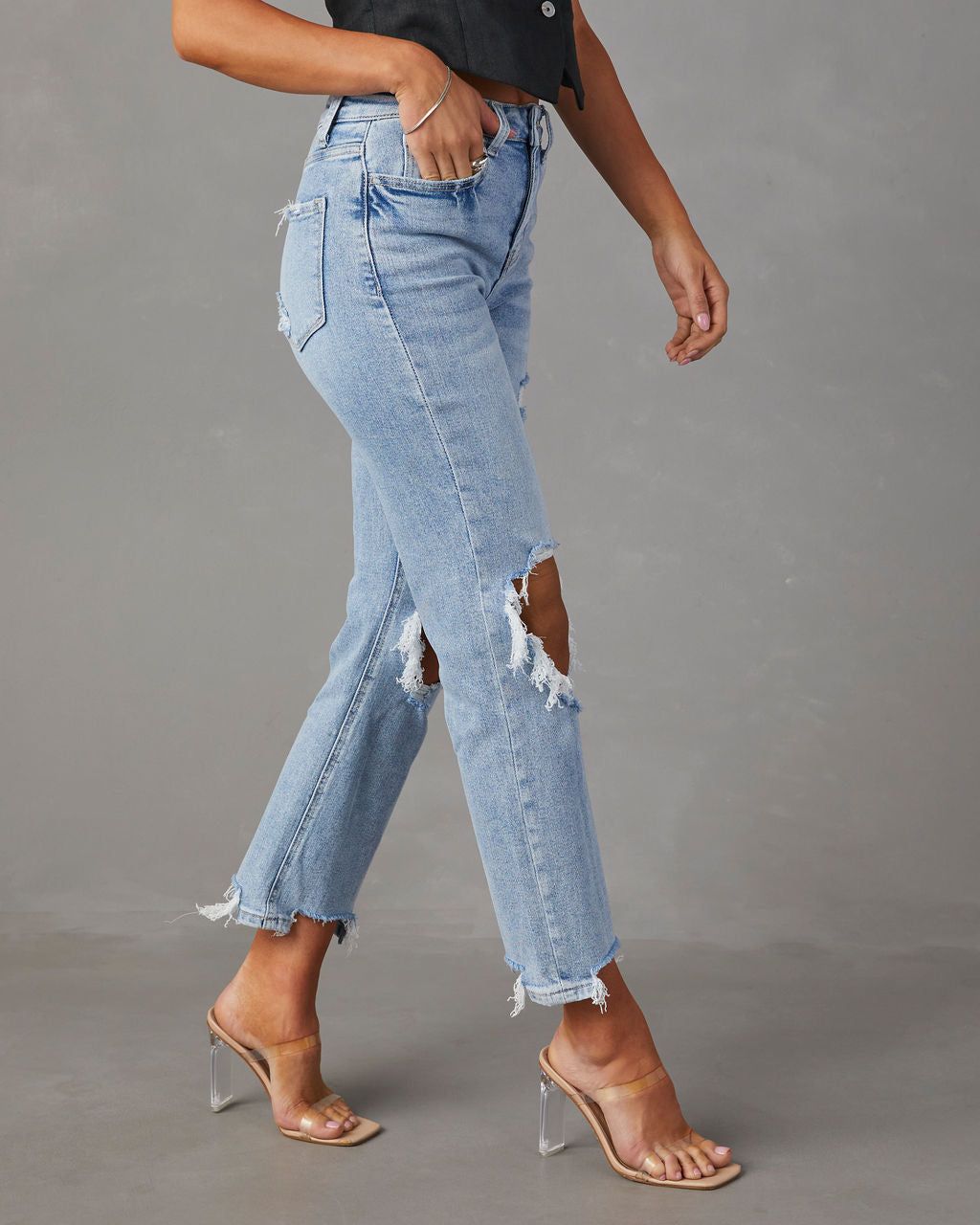 Jolee High Rise Distressed Cropped Jeans - Light Wash sold by Vici product image thumbnail 3
