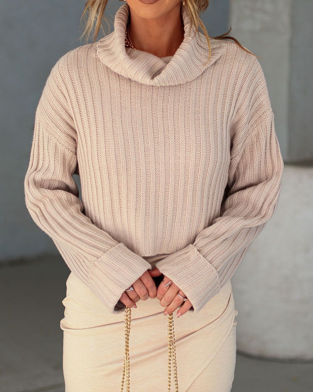 Arielle Ribbed Knit Turtleneck Crop Sweater - Taupe sold by Vici product image thumbnail 2