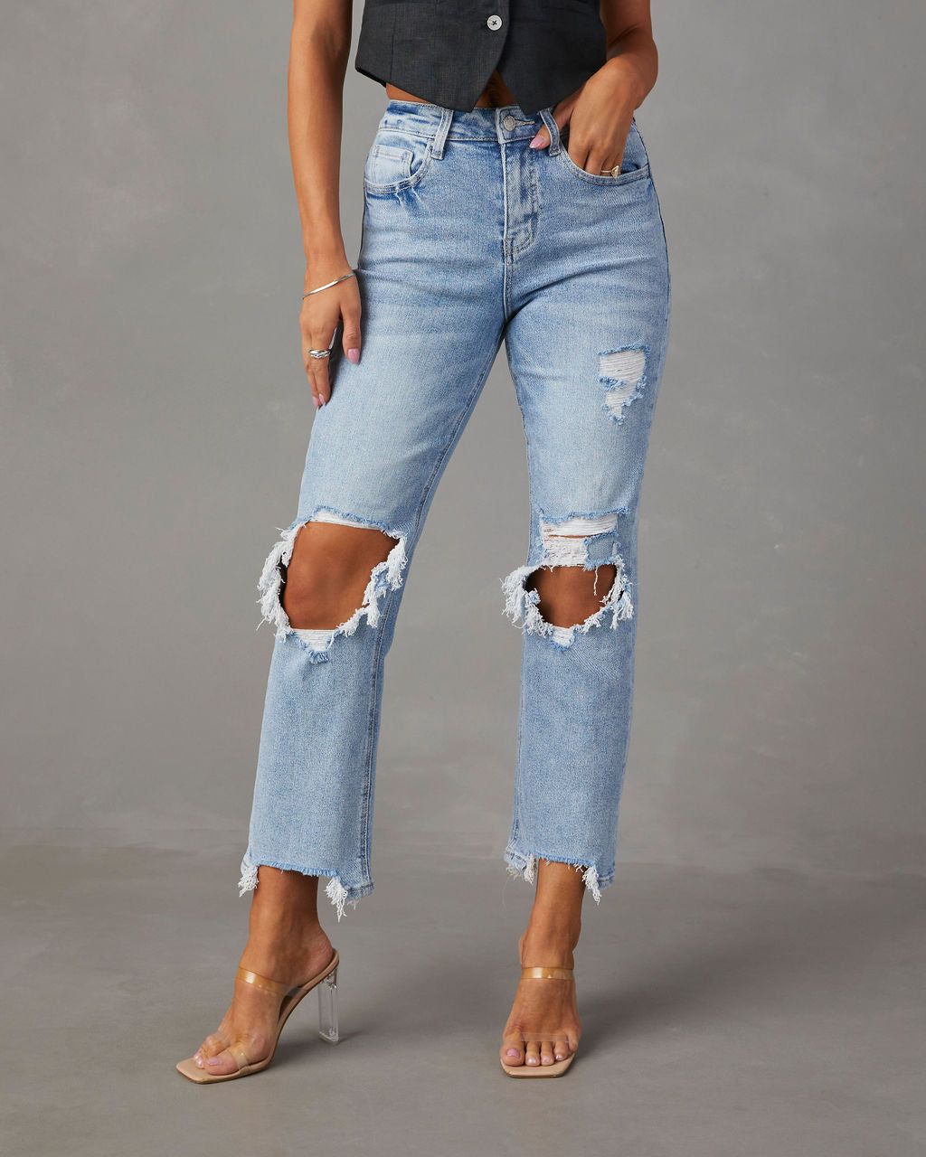 Jolee High Rise Distressed Cropped Jeans - Light Wash sold by Vici