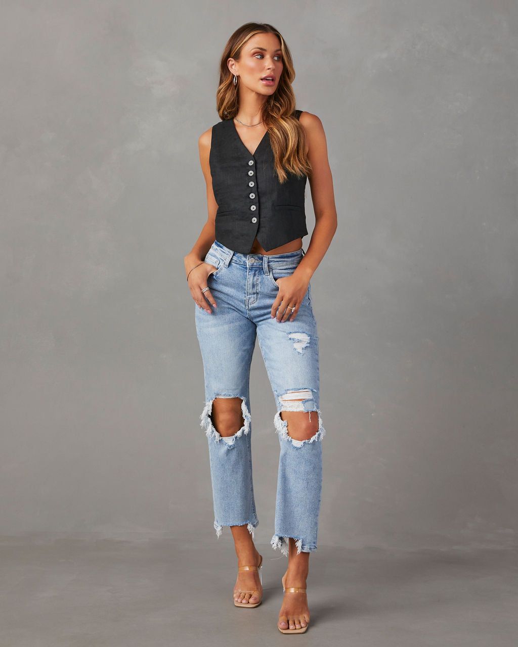 Jolee High Rise Distressed Cropped Jeans - Light Wash sold by Vici product image thumbnail 6