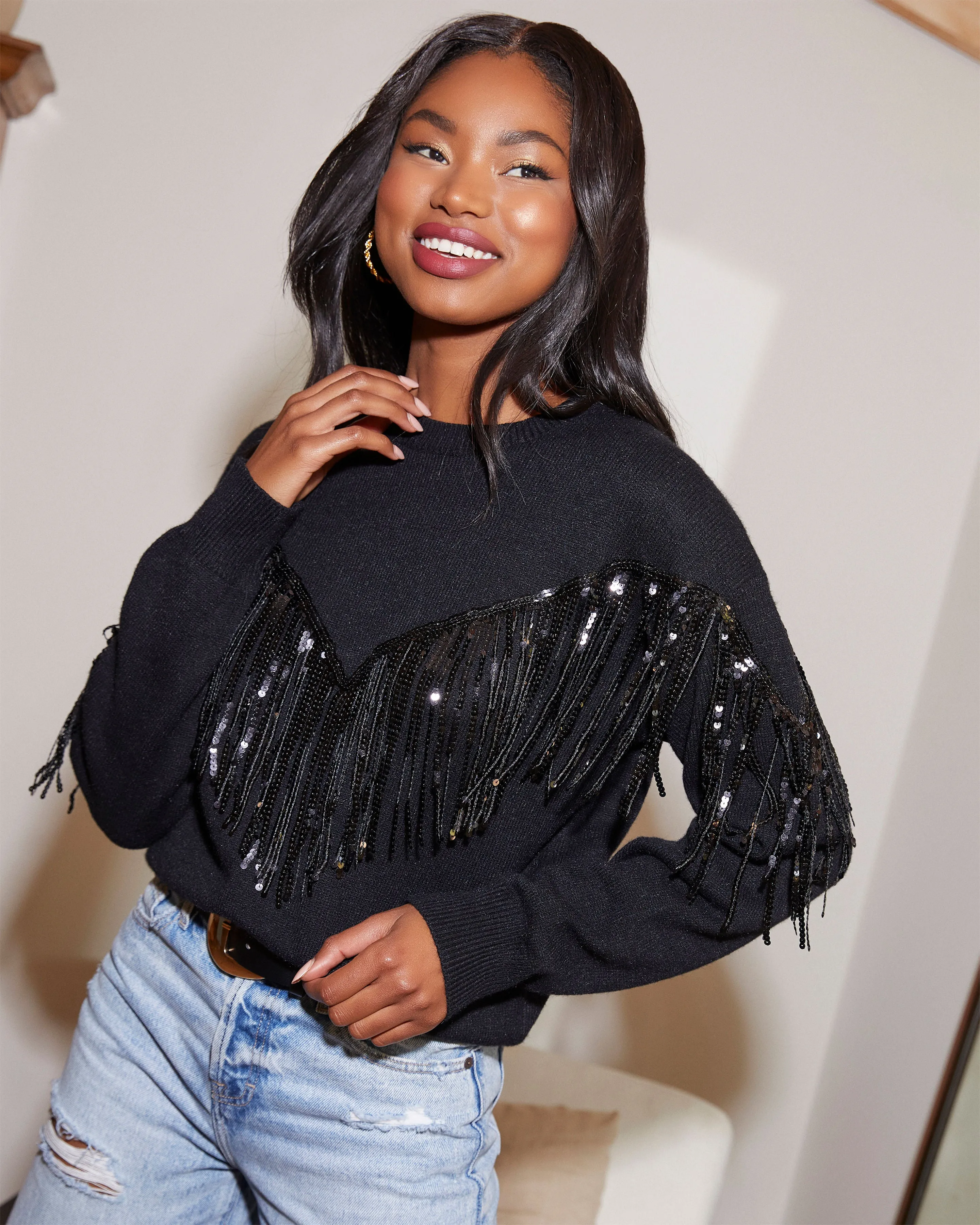 Western Glam Knit Fringe Sequin Pullover Sweater sold by Vici product image thumbnail 2