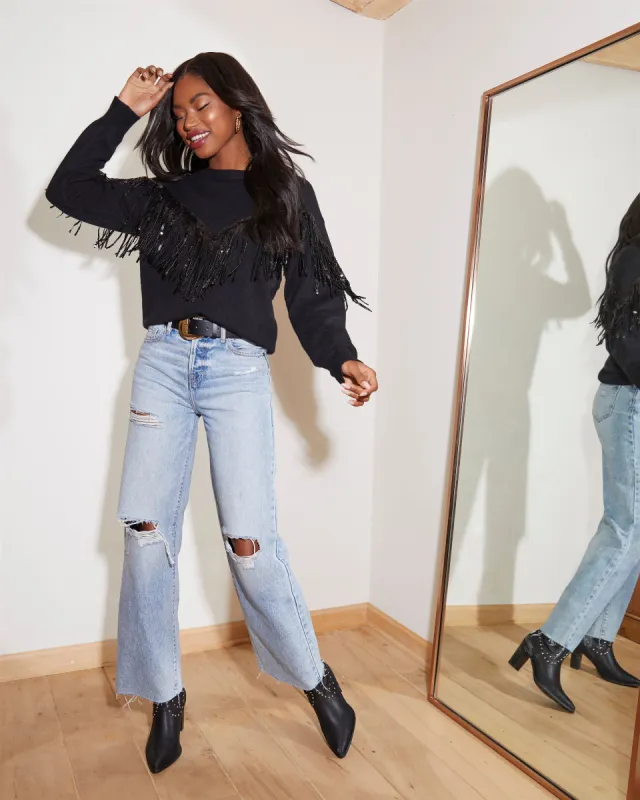 Western Glam Knit Fringe Sequin Pullover Sweater sold by Vici
