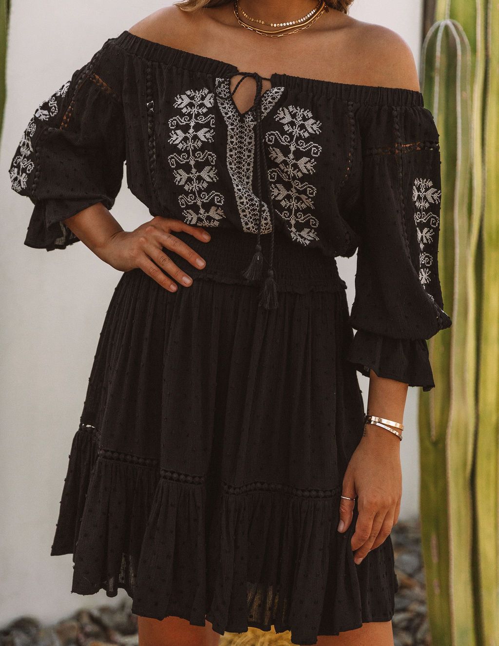 Veranda Embroidered Swiss Dot Off The Shoulder Dress - Black - SALE sold by Vici product image thumbnail 4