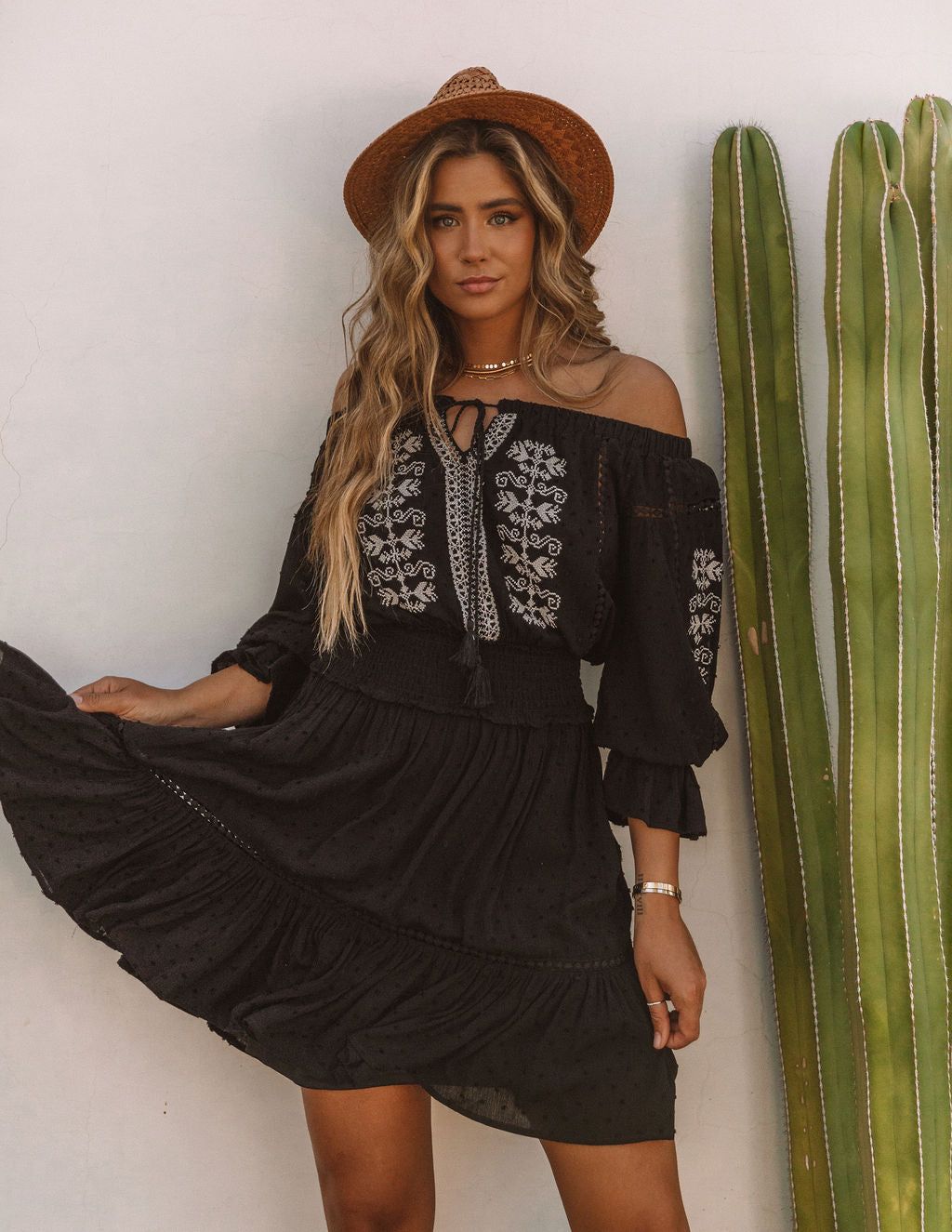 Veranda Embroidered Swiss Dot Off The Shoulder Dress - Black - SALE sold by Vici product image thumbnail 5