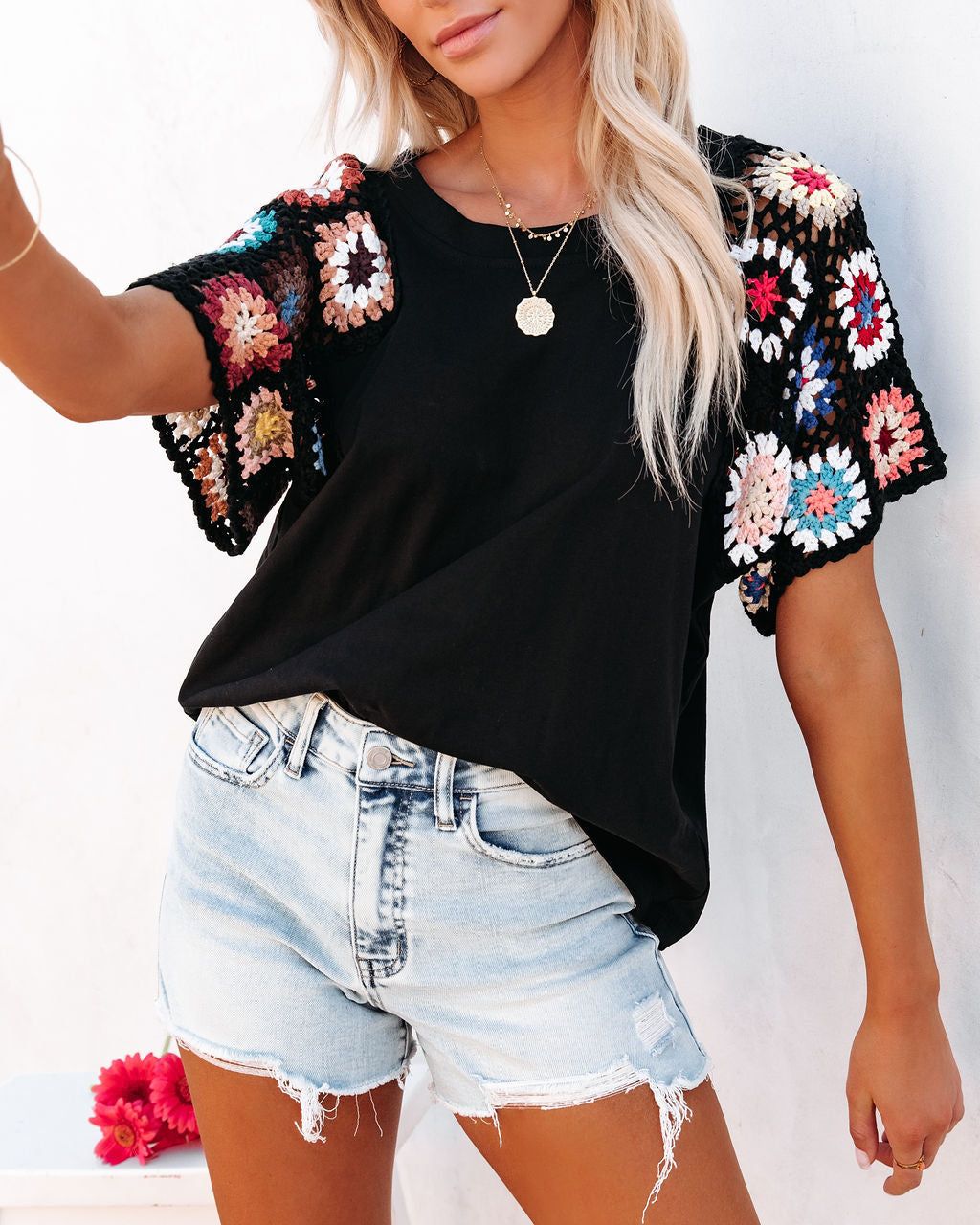 Fiorella Cotton Crochet Sleeve Knit Top sold by Vici