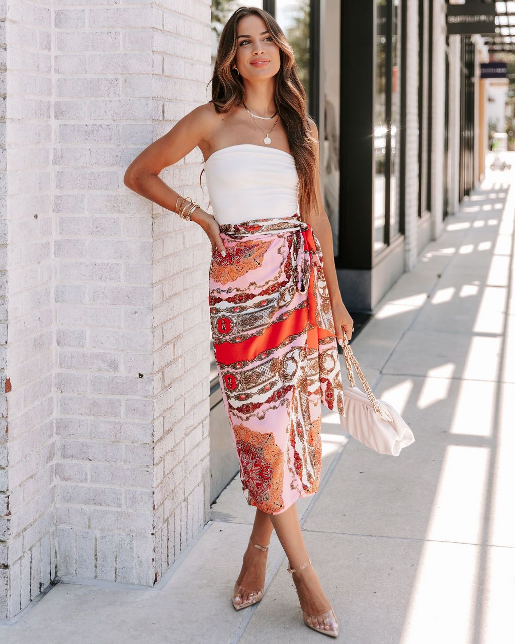 Bold Type Printed Satin Wrap Midi Skirt - SALE sold by Vici product image thumbnail 7