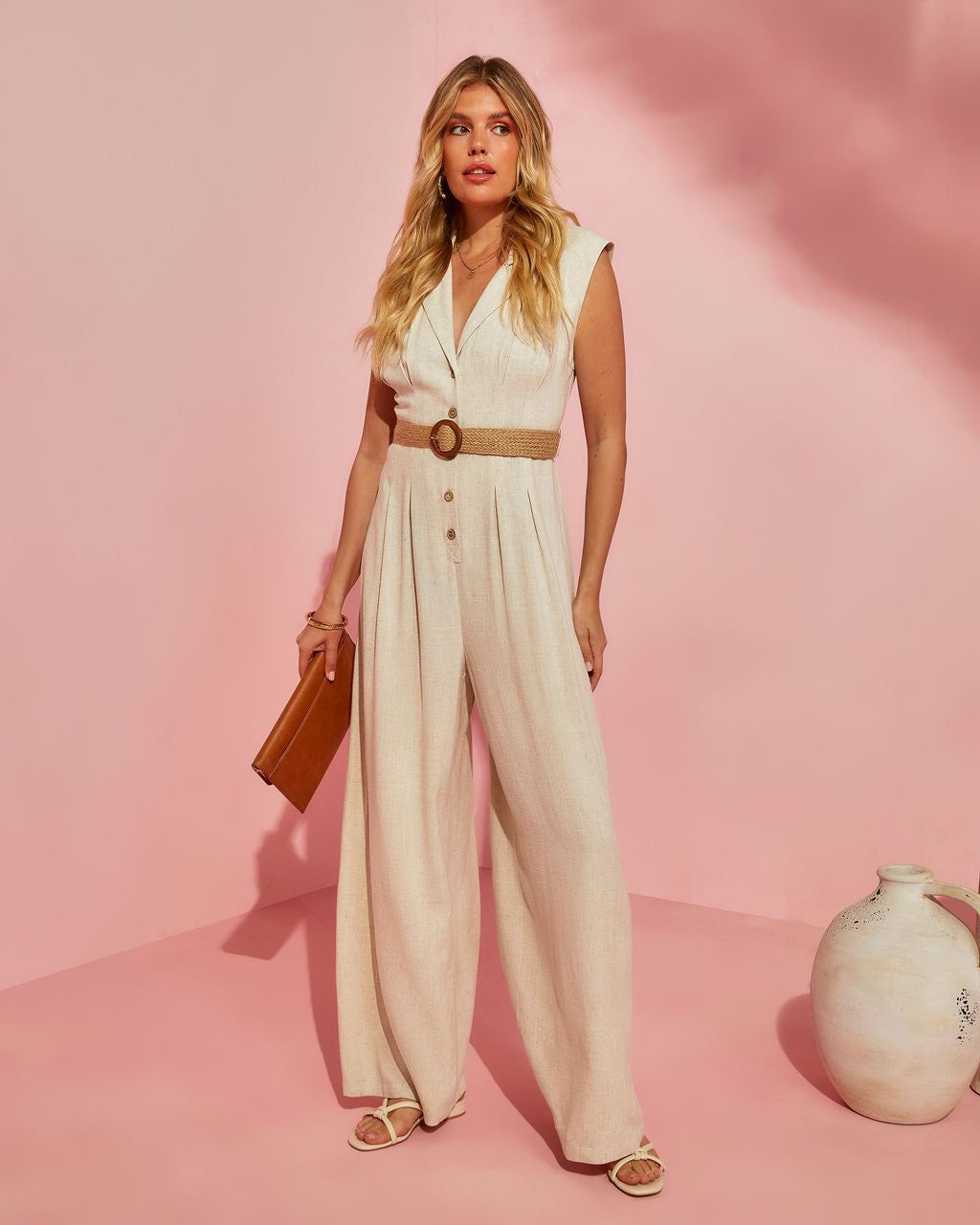 Merced Wide Leg Belted Jumpsuit sold by Vici
