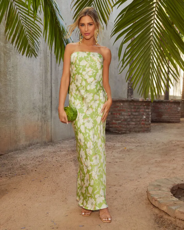 Katniss Strapless Open Back Satin Maxi Dress sold by Vici
