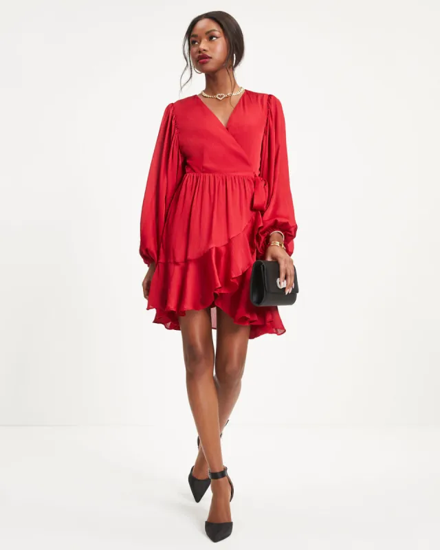 Whitney Satin Wrap Ruffle Mini Dress sold by Vici