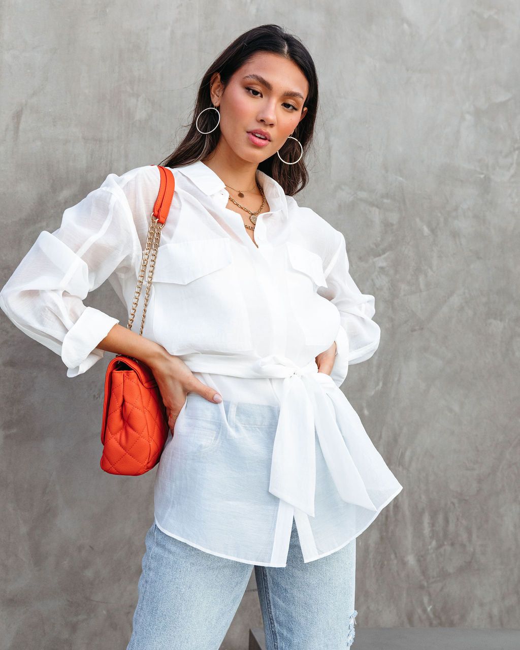 Successful Queen Sheer Tie Waist Top - White - FINAL SALE sold by Vici product image thumbnail 3