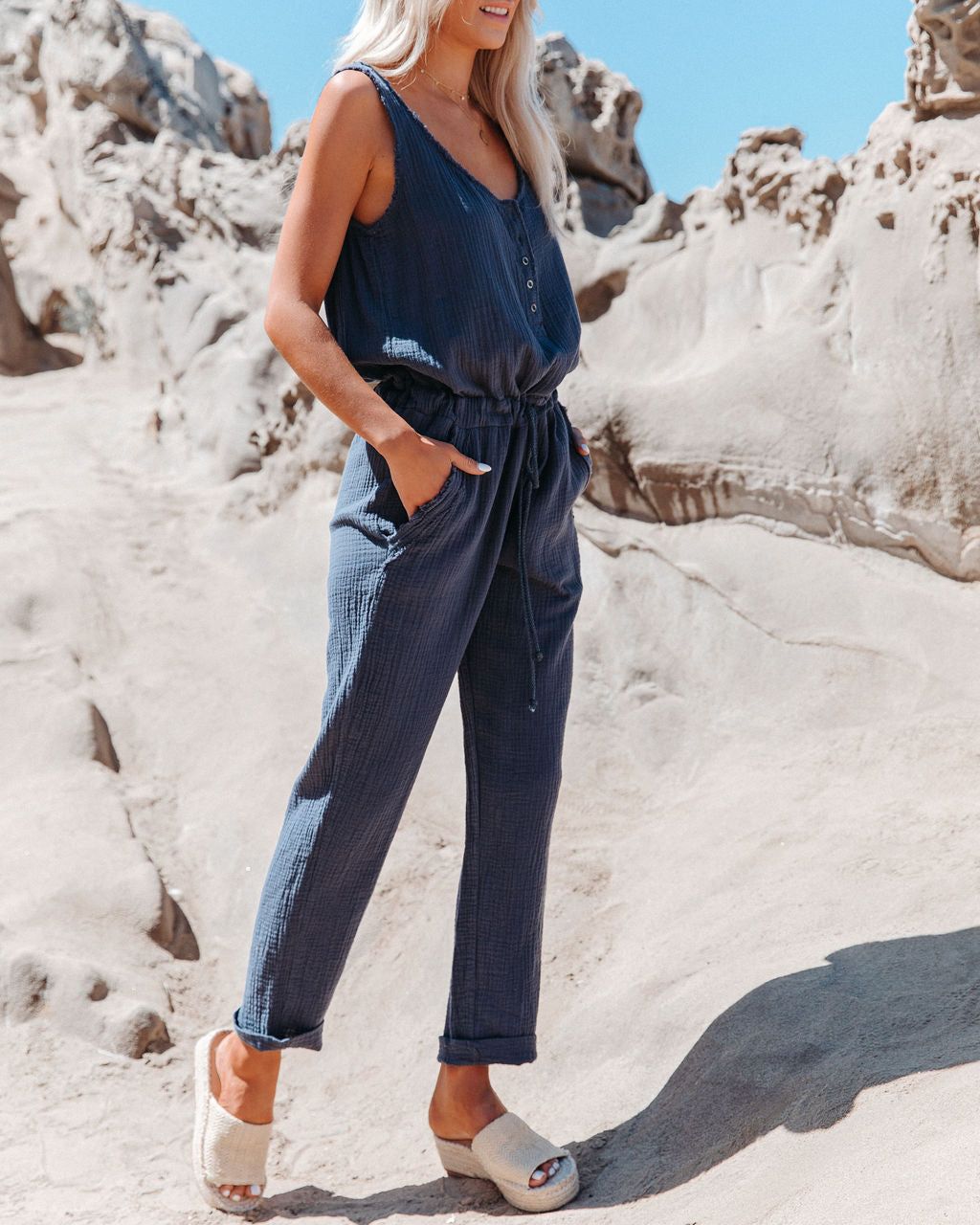 Maye Cotton Pocketed Drawstring Jumpsuit - Denim - FINAL SALE sold by Vici product image thumbnail 7