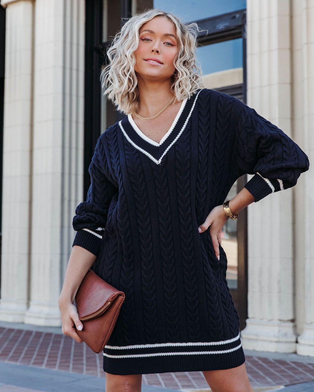 Best Of Me Cable Knit Sweater Dress - Navy sold by Vici
